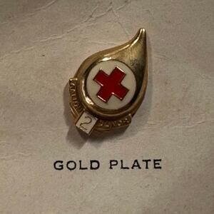 Vtg Red Cross Blood Drop 2 Gallon Donor Pin Gold Plate 1 1/2" Lapel Pin Hat Pin